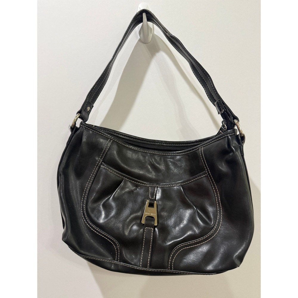 Nine West Shoulder Bag Women Medium Black Excellent Contrast Stitch Hobo Purse